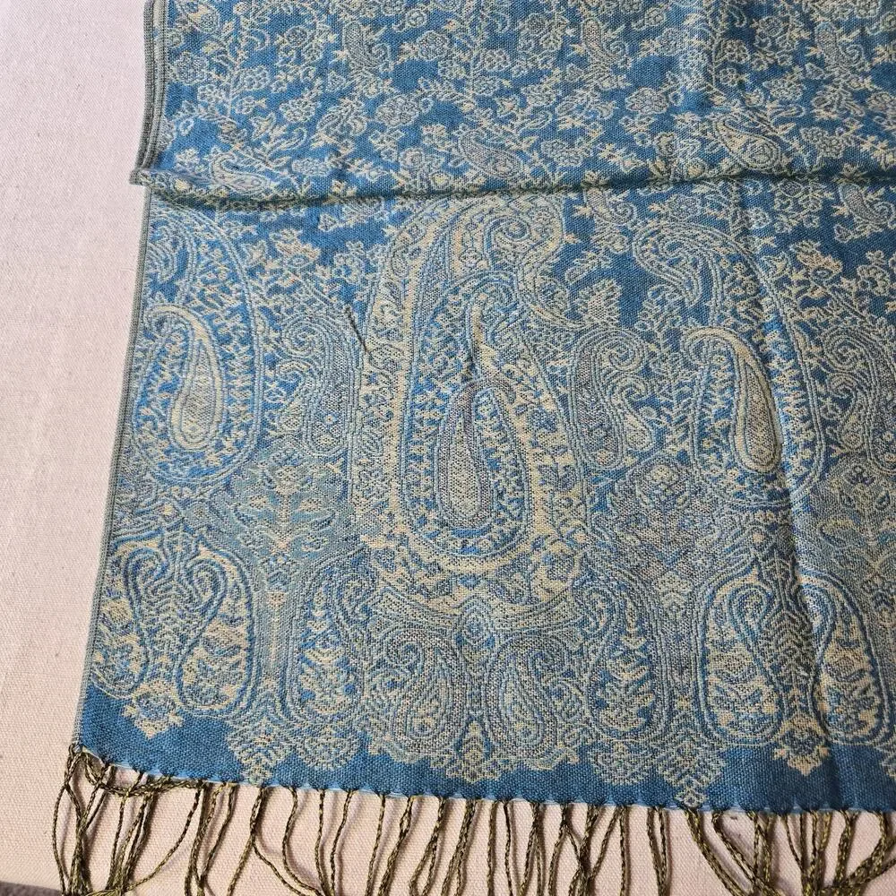 Pashmina Cashmere Blue Paisley Scarf Soft Lightweight Fringe Hem Boho 27